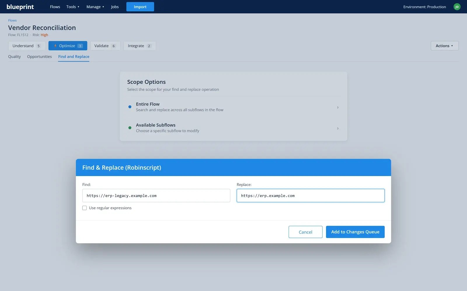 Find and Replace in Blueprint: replacing an old application address with a new one across every subflow in the automation, queued as a change for review
