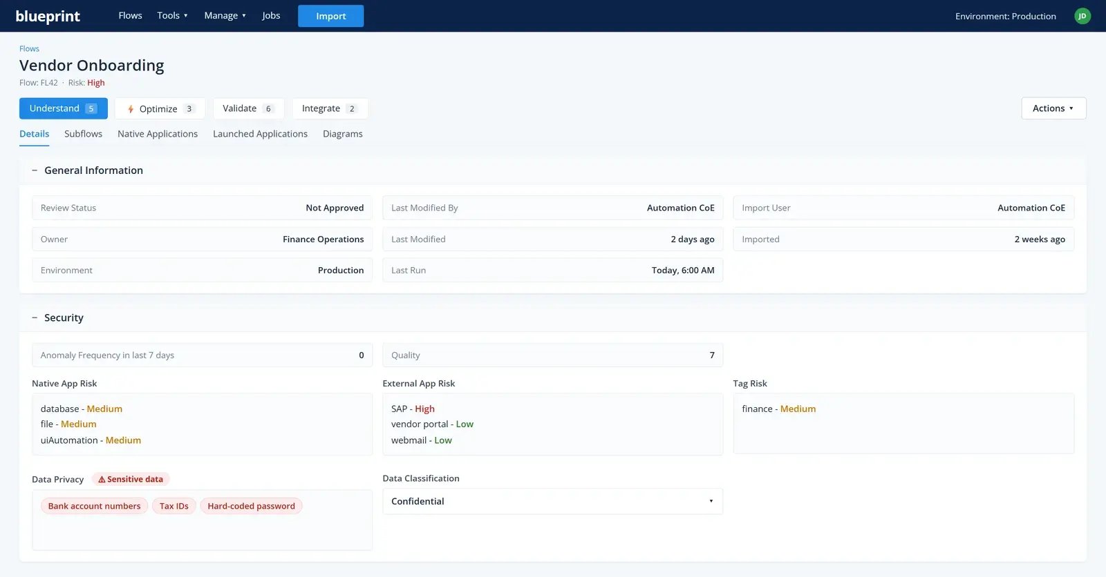 Flow details in Blueprint: the Security panel rates native and external application risk and flags sensitive data in the automation, such as bank account numbers, tax IDs and a hard-coded password
