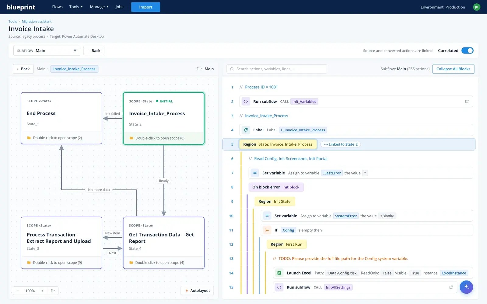 The migration assistant in Blueprint: the source bot's code on the left, the converted Power Automate Desktop code on the right, with the selected step linked to its counterpart