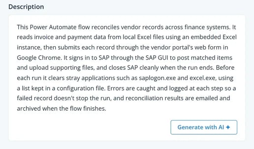 Flow details in Blueprint: an AI-written description of what the Vendor Reconciliation automation does, with a Generate with AI button